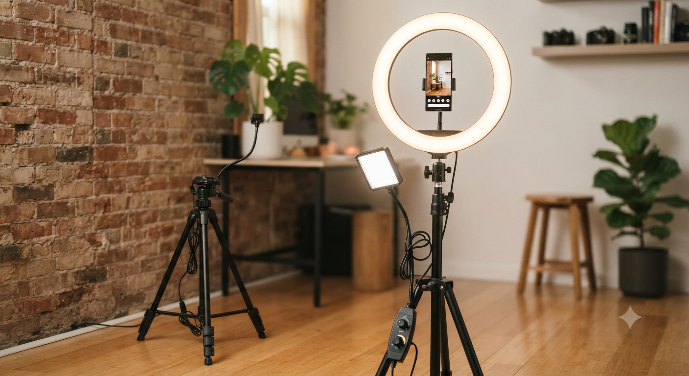 Dimmable Photography Lighting Kit with Tripod Stand&Phone Holder