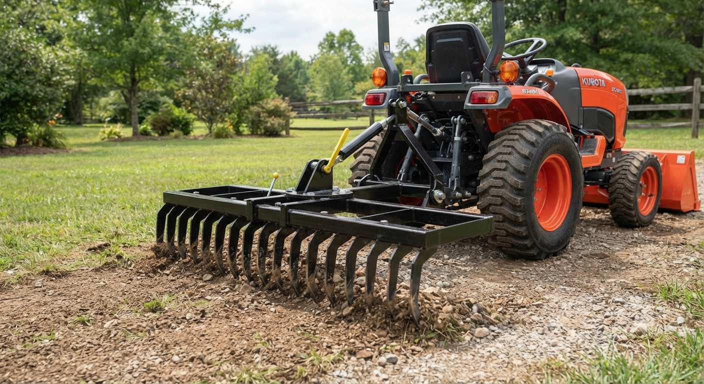 Landscape Rock Rake Lawn Tractor Rake Heavy Duty 360°Rotation Tow-Behind 3 Point 5 FT Fit Category 1 Tractor Perfect for Garden Lawn Care and Landscaping