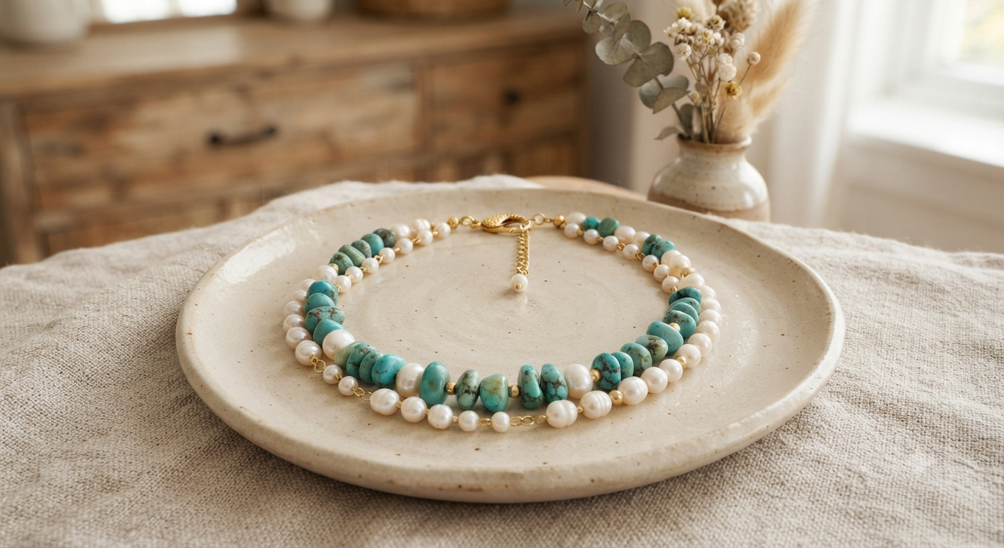 Turquoise Bead Pearl Beaded Necklace