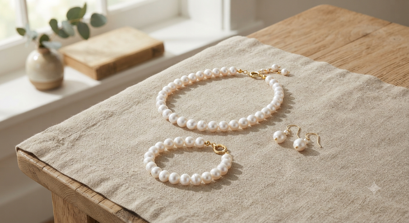 White Freshwater Pearl Necklace Bracelet and Earrings