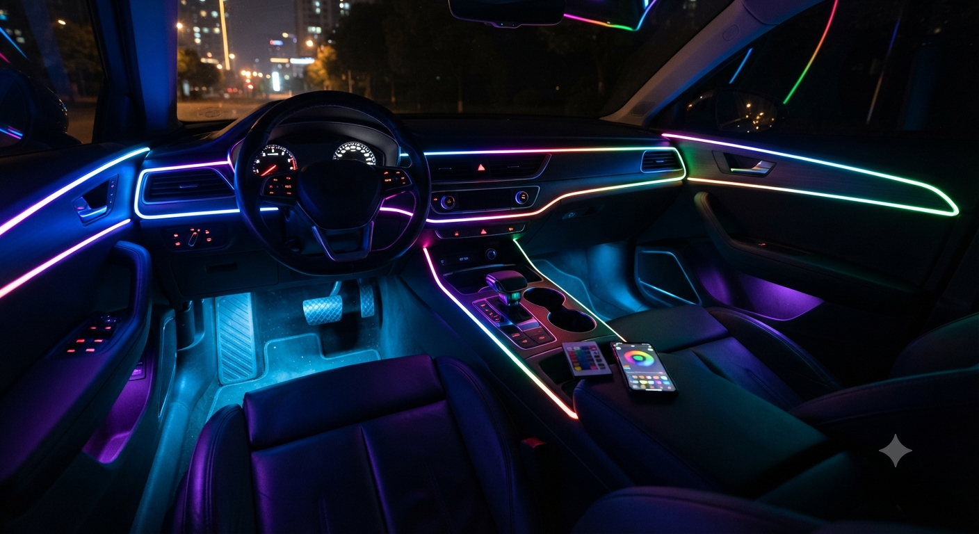 RGB-IC Car LED Interior Strip Lights with Remote Control, Dream Color APP Control Car Inside Ambient Lighting