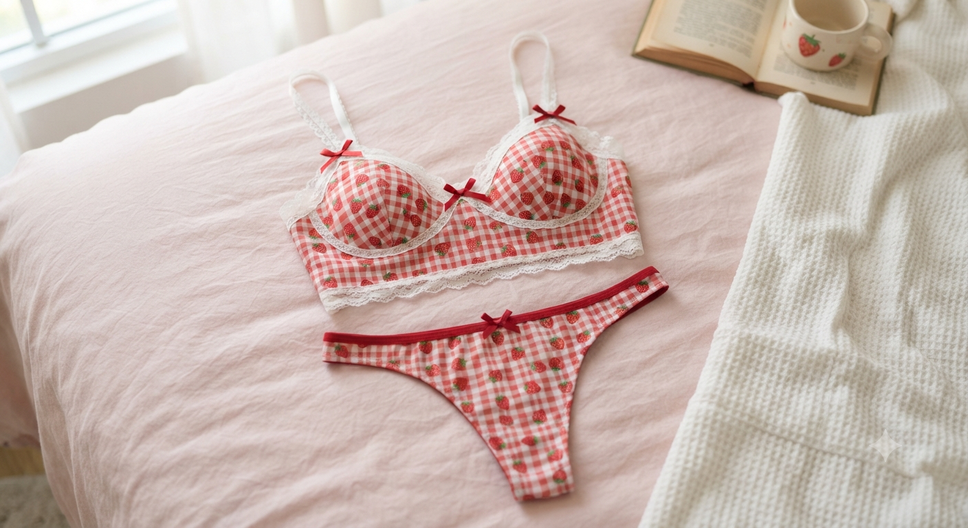 Strawberry Plaid 2 Piece Lingerie Set, Spaghetti Strap Bralette and Thong