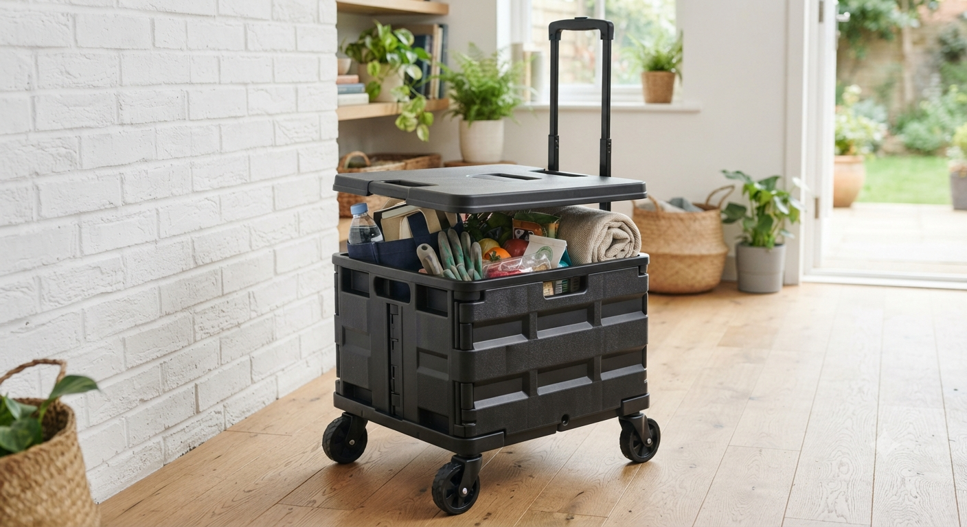 Folding Utility Cart with Lid, Portable Rolling Crate Handcart Collapsible Shopping Trolley