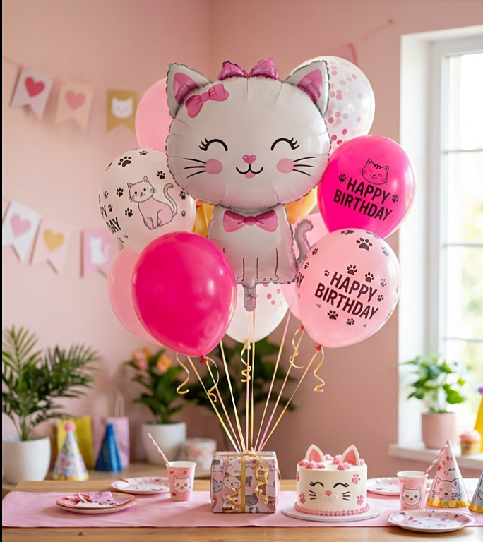 9PCS Pink Cat Birthday Balloon Set