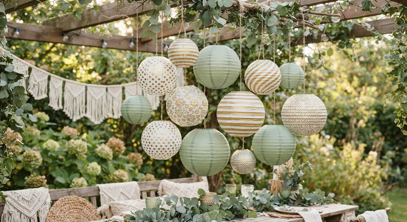 Sage Green & Gold Paper Lanterns