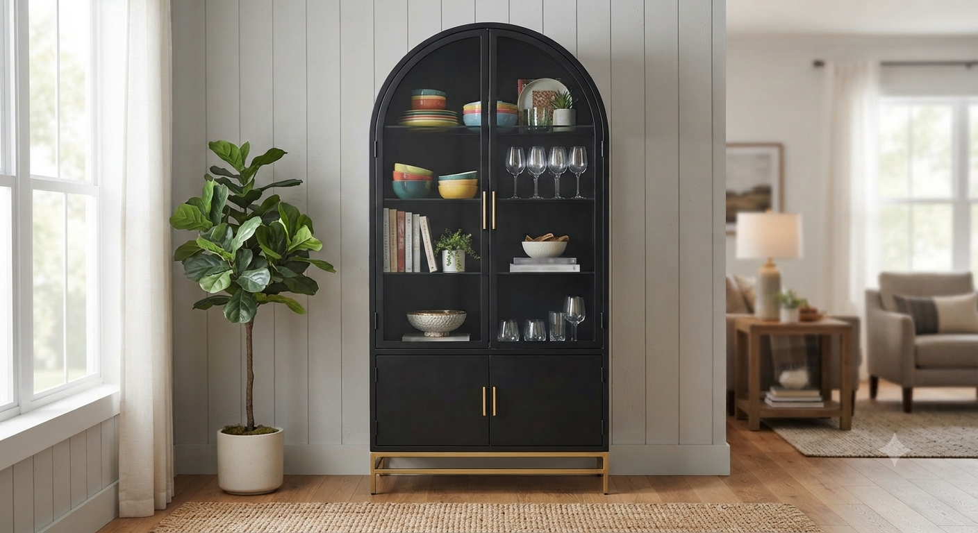 Metal Arched Pantry Cabinet with Glass Doors