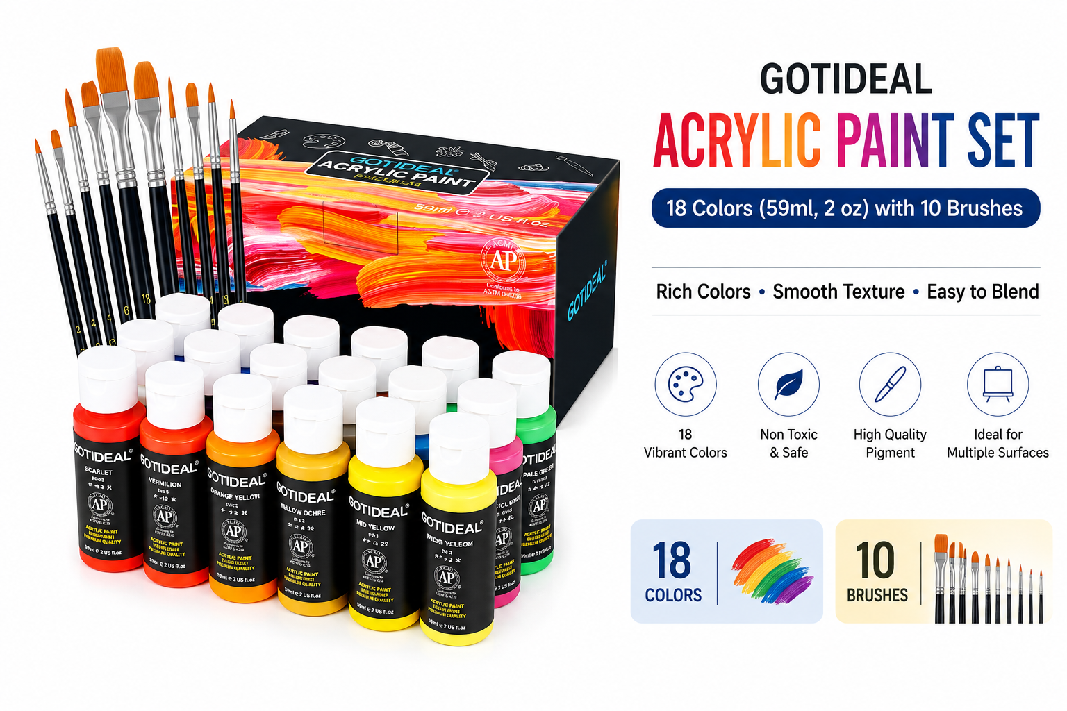 Acrylic Paint Set with 10 Brushes