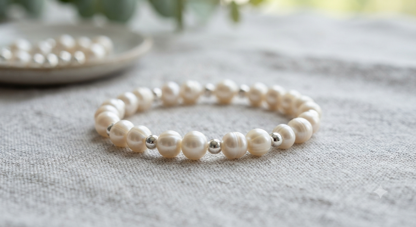 Pearl Stretch Bracelet with Silver Beads